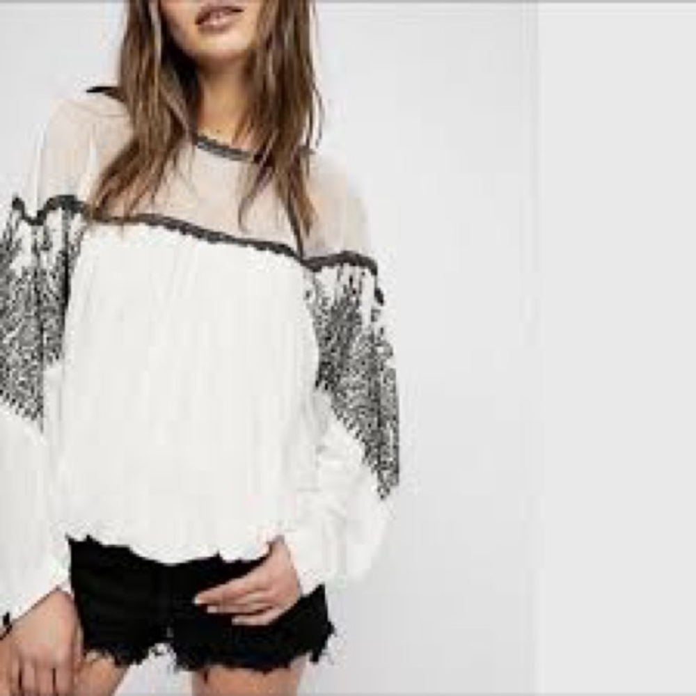 Free People Carly Embroidered Flowy Boho Style Top With A Cropped Bubble Hem